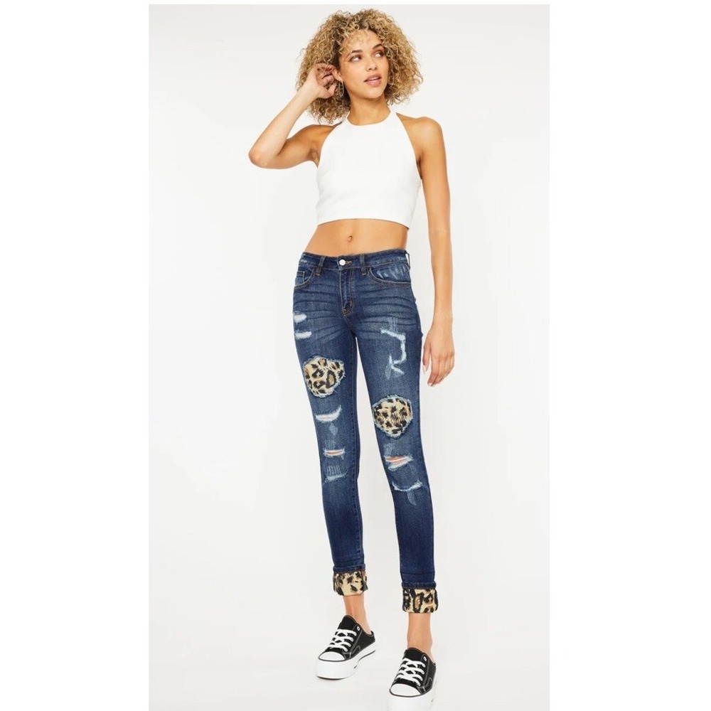 Kancan Womens Vienna Mid Rise Super Skinny Leopard Jeans Size 7 28 Inch Waist